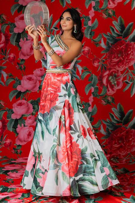 Buy_Payal & Zinal_White Georgette Embroidery One Rose Garden Print Kaftan Top With Lehenga 