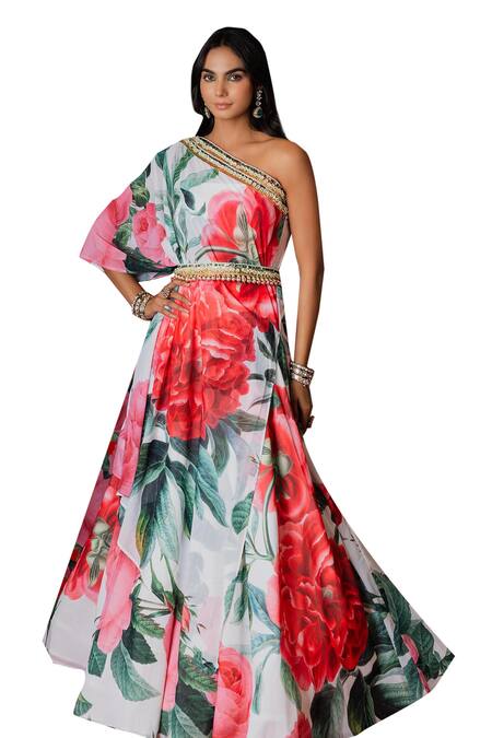 Shop_Payal & Zinal_White Georgette Embroidery One Rose Garden Print Kaftan Top With Lehenga 