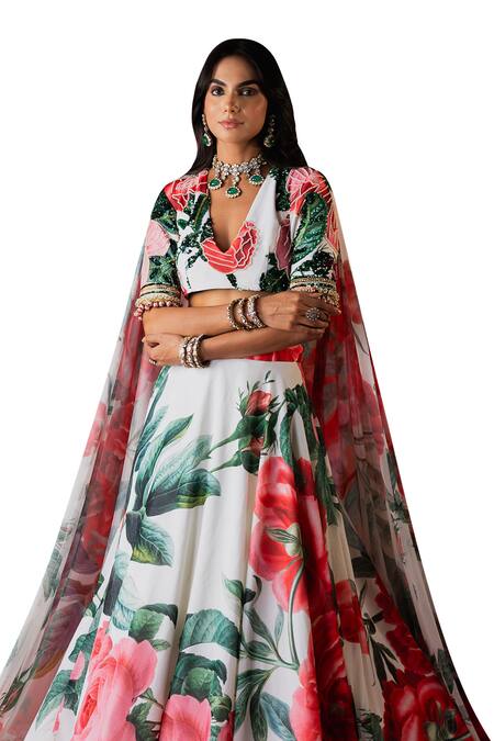 Buy_Payal & Zinal_White Georgette, Net Sequins, Beads V-neck Gardenia Print Lehenga Set _Online_at_Aza_Fashions