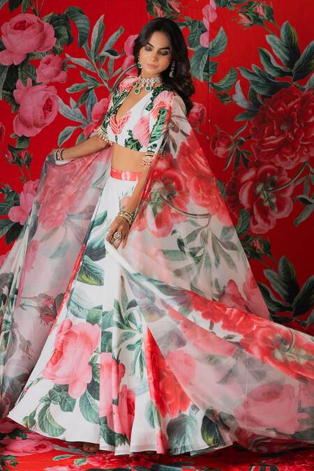 Shop_Payal & Zinal_White Georgette, Net Sequins, Beads V-neck Gardenia Print Lehenga Set _Online_at_Aza_Fashions