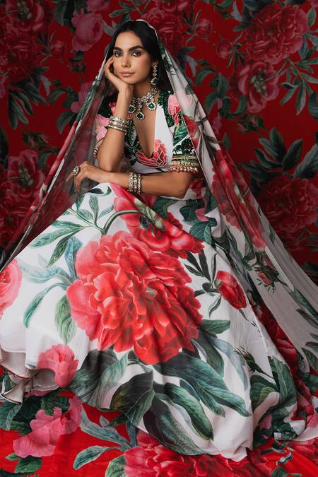 Shop_Payal & Zinal_White Georgette, Net Sequins, Beads V-neck Gardenia Print Lehenga Set 