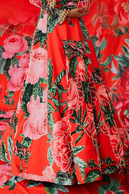 Payal & Zinal_Red Net, Fleece Sequins Gardenia Bloom Print And Embellished Lehenga With Blouse _Online_at_Aza_Fashions