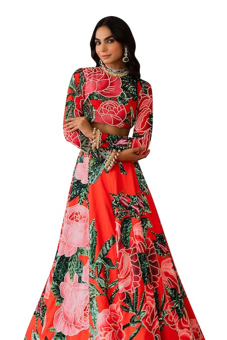 Buy_Payal & Zinal_Red Net, Fleece Sequins Gardenia Bloom Print And Embellished Lehenga With Blouse _Online_at_Aza_Fashions