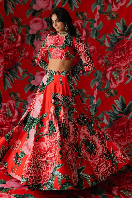 Shop_Payal & Zinal_Red Net, Fleece Sequins Gardenia Bloom Print And Embellished Lehenga With Blouse _Online_at_Aza_Fashions