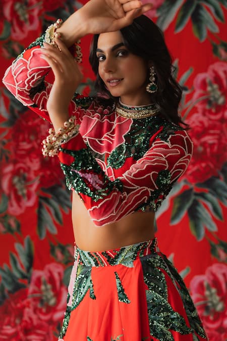 Payal & Zinal_Red Net, Fleece Sequins Gardenia Bloom Print And Embellished Lehenga With Blouse _at_Aza_Fashions