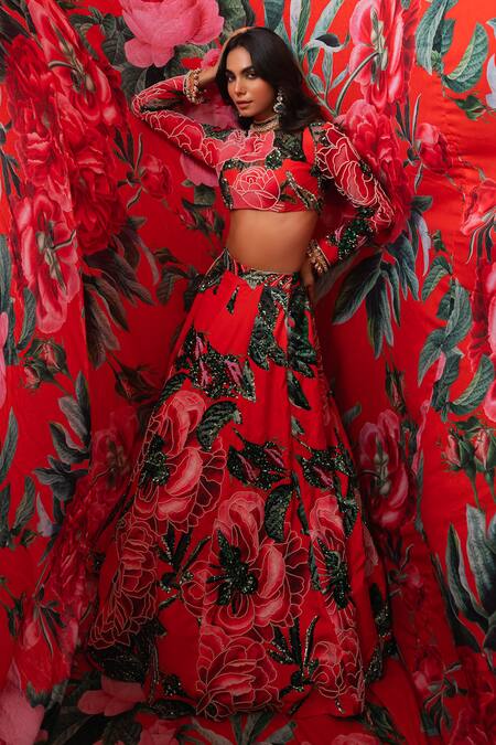 Shop_Payal & Zinal_Red Net, Fleece Sequins Gardenia Bloom Print And Embellished Lehenga With Blouse 