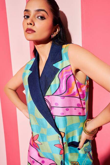 Buy_Ananya Agrawal Label_Green Denim, Chanderi Silk Collared Circus Print Blazer Dress _Online_at_Aza_Fashions