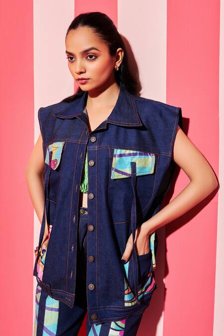 Shop_Ananya Agrawal Label_Green Denim, , Silk Circus Print Pocket Oversized Jacket Set _Online_at_Aza_Fashions