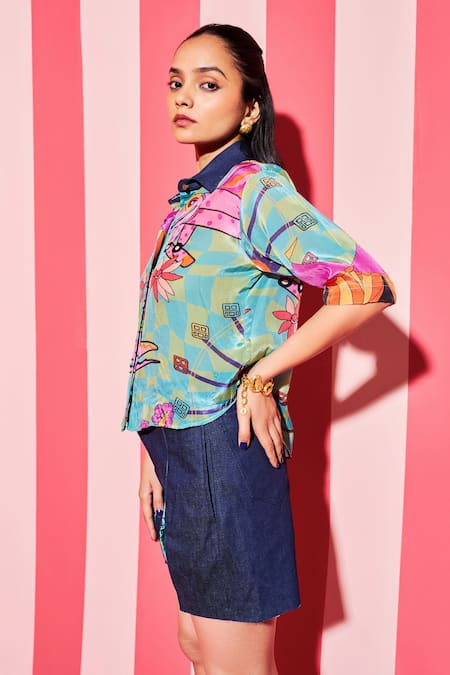Ananya Agrawal Label_Green Denim, Cotton Collared Croc Circus Print Shirt With Shorts _Online_at_Aza_Fashions