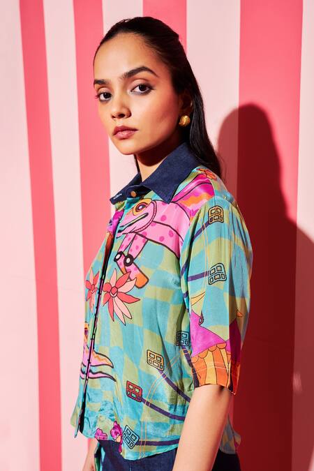 Buy_Ananya Agrawal Label_Green Denim, Cotton Collared Croc Circus Print Shirt With Shorts _Online_at_Aza_Fashions