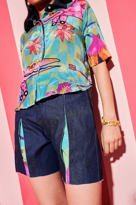 Shop_Ananya Agrawal Label_Green Denim, Cotton Collared Croc Circus Print Shirt With Shorts _Online_at_Aza_Fashions