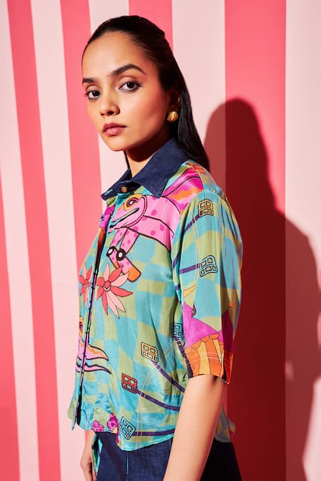 Buy_Ananya Agrawal Label_Green Denim, Chanderi Silk Collared Croc Circus Print Shirt _Online_at_Aza_Fashions