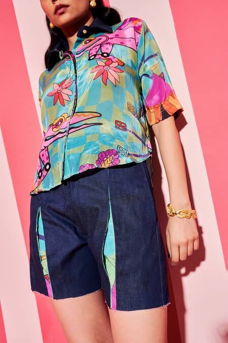 Shop_Ananya Agrawal Label_Green Denim, Chanderi Silk Collared Croc Circus Print Shirt _Online_at_Aza_Fashions