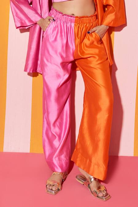 Ananya Agrawal Label Orange Silk, Colorblocked Shirt And Wide Legged Trouser Set Online at Aza Fashions Ananya Agrawal Label_Orange Silk, Colorblocked Shirt And Wide Legged Trouser Set _Online_at_Aza_Fashions