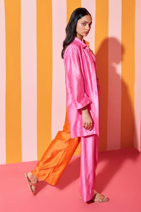 Buy Ananya Agrawal Label Orange Silk, Colorblocked Shirt And Wide Legged Trouser Set Online at Aza Fashions Buy_Ananya Agrawal Label_Orange Silk, Colorblocked Shirt And Wide Legged Trouser Set _Online_at_Aza_Fashions