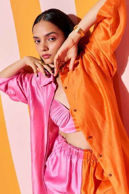 Shop Ananya Agrawal Label Orange Silk, Colorblocked Shirt And Wide Legged Trouser Set Online at Aza Fashions Shop_Ananya Agrawal Label_Orange Silk, Colorblocked Shirt And Wide Legged Trouser Set _Online_at_Aza_Fashions