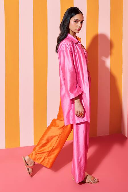 Ananya Agrawal Label_Orange Chanderi Silk Collared Colorblocked Full Sleeves Shirt _Online_at_Aza_Fashions