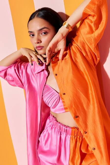 Buy_Ananya Agrawal Label_Orange Chanderi Silk Collared Colorblocked Full Sleeves Shirt _Online_at_Aza_Fashions