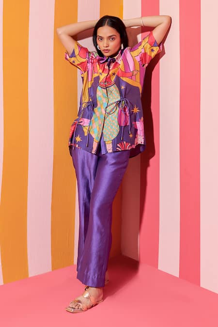 ANANYA AGRAWAL LABEL Purple Pure Chanderi Silk Print Juggler Collar Shirt With Wide Legged Trouser 