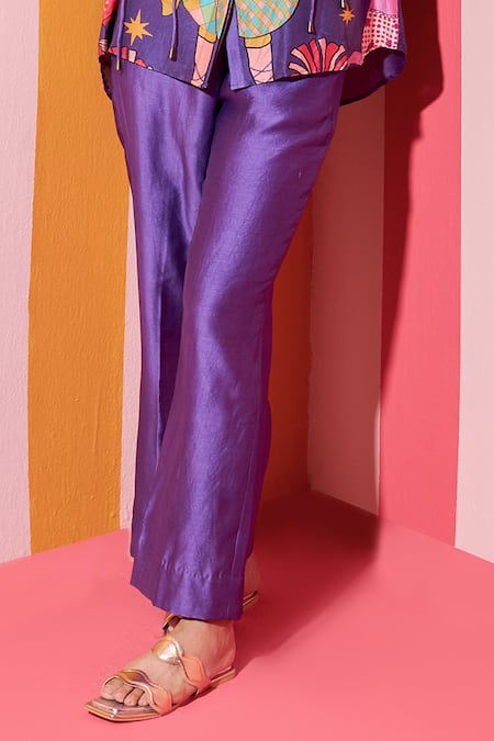 Ananya Agrawal Label_Purple Chanderi Collared Juggler Print Shirt With Wide Legged Trouser _Online_at_Aza_Fashions