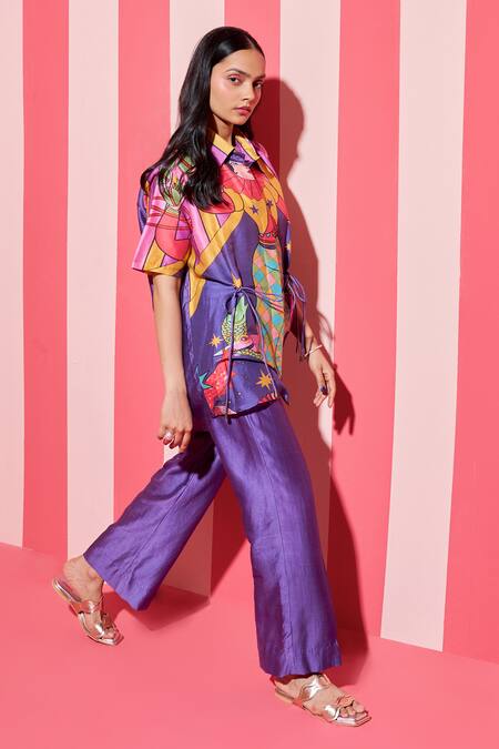 Buy_Ananya Agrawal Label_Purple Chanderi Silk Collared Juggler Print Shirt _Online_at_Aza_Fashions