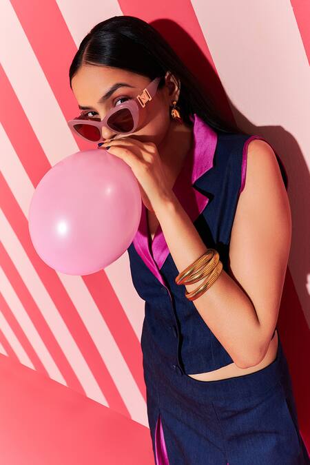 Buy_Ananya Agrawal Label_Pink Denim, Chanderi Silk Collared Contrast Waistcoat And Skirt 