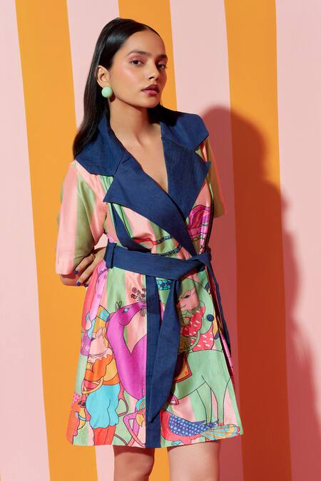 Buy_Ananya Agrawal Label_Green Denim, Chanderi Silk Collared Paradise Print Blazer Dress _Online_at_Aza_Fashions