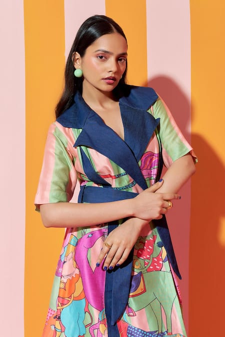 Shop_Ananya Agrawal Label_Green Denim, Chanderi Silk Collared Paradise Print Blazer Dress _Online_at_Aza_Fashions
