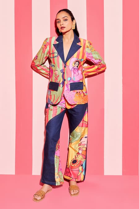 ANANYA AGRAWAL LABEL Multi Color Pure Chanderi Silk Print Paradise Notched Lapel Collar Blazer 