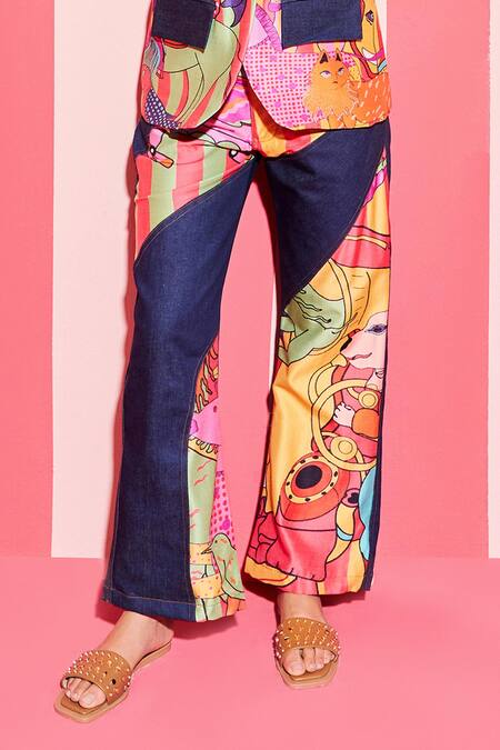 Ananya Agrawal Label_Multi Color Denim, Chanderi Silk Embroidery Paradise Print Blazer _Online_at_Aza_Fashions