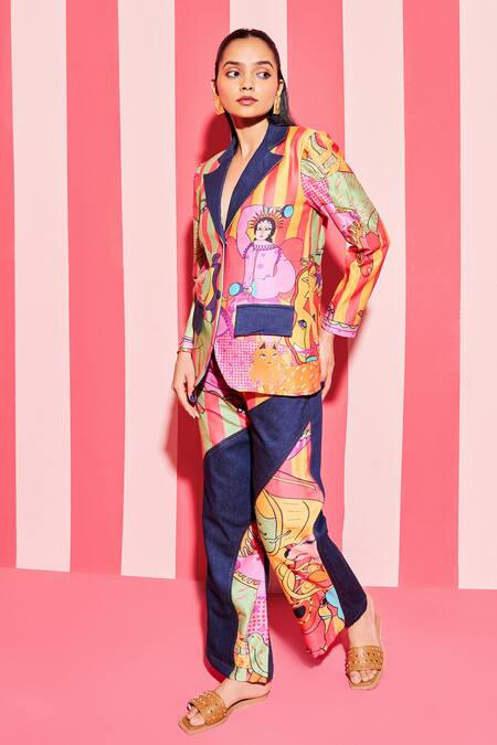 Buy_Ananya Agrawal Label_Multi Color Denim, Chanderi Silk Embroidery Paradise Print Blazer _Online_at_Aza_Fashions