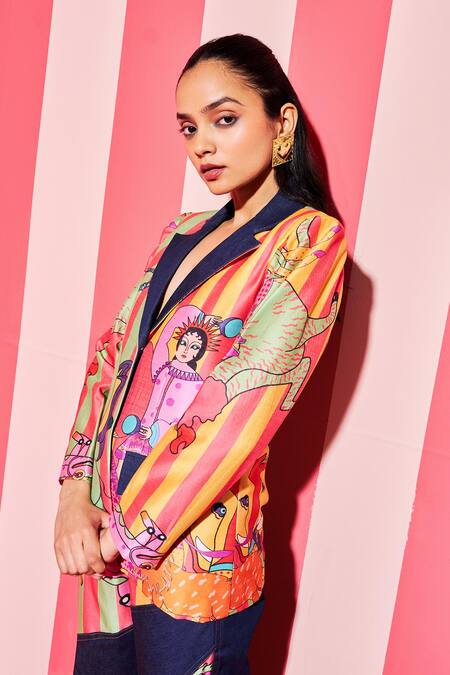 Shop_Ananya Agrawal Label_Multi Color Denim, Chanderi Silk Embroidery Paradise Print Blazer _Online_at_Aza_Fashions