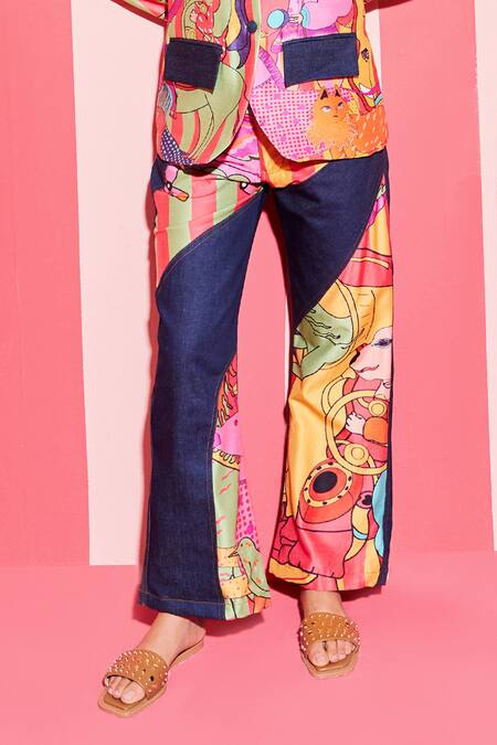 Ananya Agrawal Label_Multi Color Denim, Chanderi Silk Paradise Print Blazer With Trouser _Online_at_Aza_Fashions