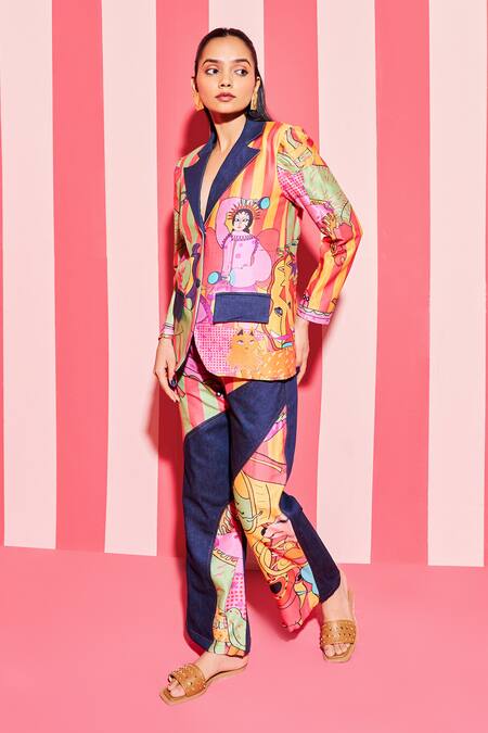 Buy_Ananya Agrawal Label_Multi Color Denim, Chanderi Silk Paradise Print Blazer With Trouser _Online_at_Aza_Fashions