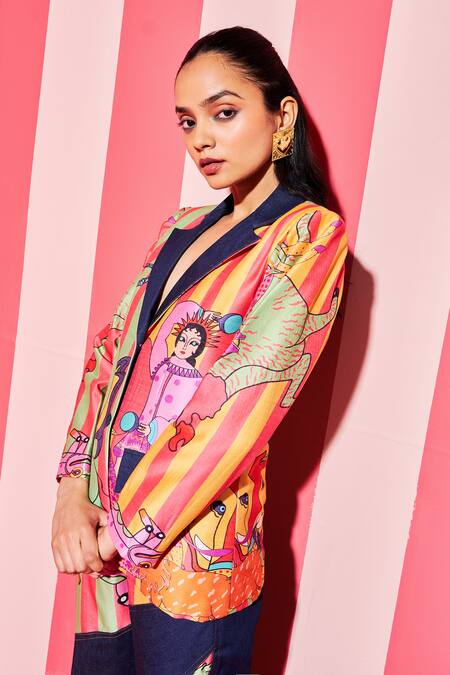 Shop_Ananya Agrawal Label_Multi Color Denim, Chanderi Silk Paradise Print Blazer With Trouser _Online_at_Aza_Fashions