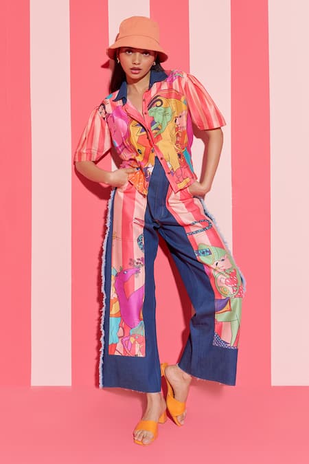 Ananya Agrawal Label_Peach Denim, Chanderi Silk Collared Parade Fantasy Print Shirt _Online_at_Aza_Fashions