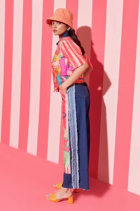 Buy_Ananya Agrawal Label_Peach Denim, Chanderi Silk Collared Parade Fantasy Print Shirt _Online_at_Aza_Fashions