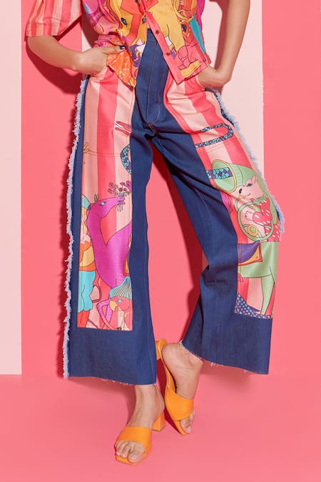 Ananya Agrawal Label_Peach Denim, Chanderi Silk Collared Parade Fantasy Print Shirt With Trouser _Online_at_Aza_Fashions