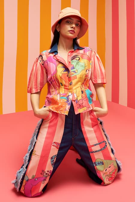 Ananya Agrawal Label_Peach Denim, Chanderi Silk Collared Parade Fantasy Print Shirt With Trouser _at_Aza_Fashions