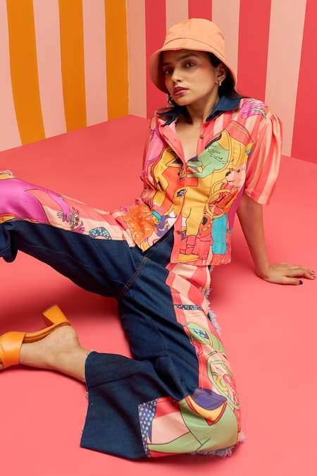 Buy_Ananya Agrawal Label_Peach Denim, Chanderi Silk Collared Parade Fantasy Print Shirt With Trouser 