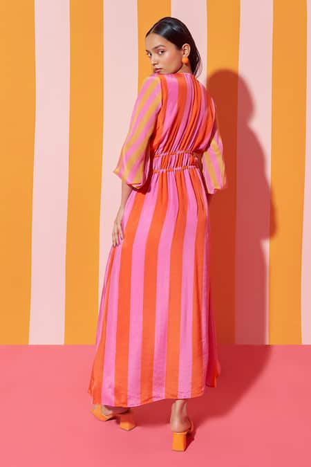 Ananya Agrawal Label Candy Striped Print V Neck Dress 