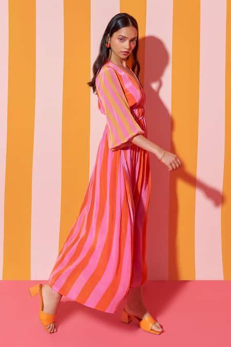 Ananya Agrawal Label_Peach Crepe V-neck Candy Striped Print V Dress _Online_at_Aza_Fashions
