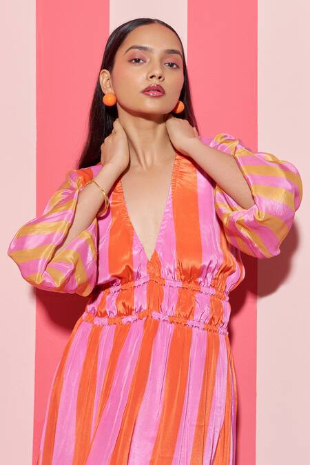 Buy_Ananya Agrawal Label_Peach Crepe V-neck Candy Striped Print V Dress _Online_at_Aza_Fashions