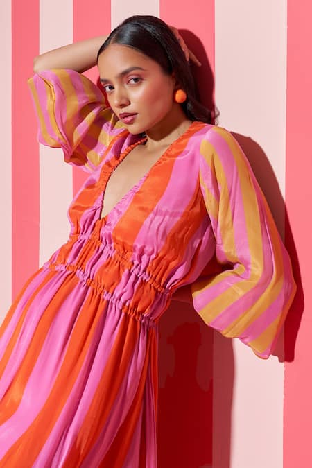 Shop_Ananya Agrawal Label_Peach Crepe V-neck Candy Striped Print V Dress _Online_at_Aza_Fashions