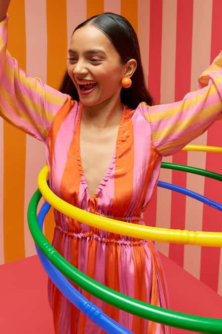 Ananya Agrawal Label_Peach Crepe V-neck Candy Striped Print V Dress _at_Aza_Fashions