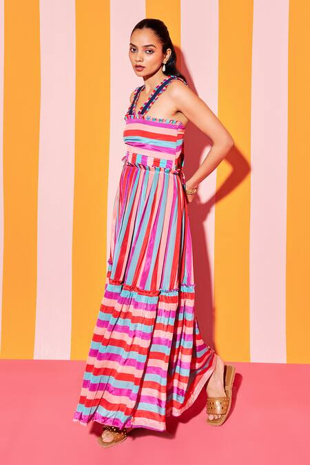 Ananya Agrawal Label_Multi Color Crepe V-neck Carnival Striped Print Maxi Dress _Online_at_Aza_Fashions