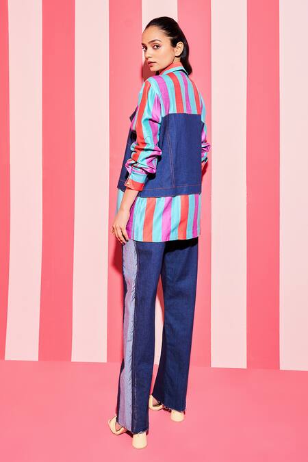 Ananya Agrawal Label Bar Striped & Denim Panel Shacket With Trouser 