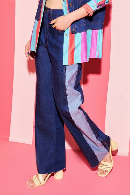 Ananya Agrawal Label_Multi Color Denim, Chanderi Silk Bar Striped And Panel Shacket With Trouser _Online_at_Aza_Fashions