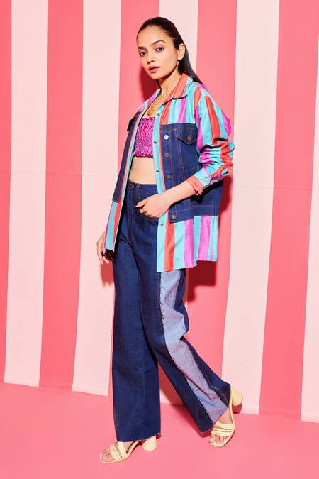 Buy_Ananya Agrawal Label_Multi Color Denim, Chanderi Silk Bar Striped And Panel Shacket With Trouser _Online_at_Aza_Fashions