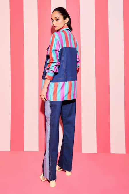 Ananya Agrawal Label Bar Striped & Denim Panel Shacket 
